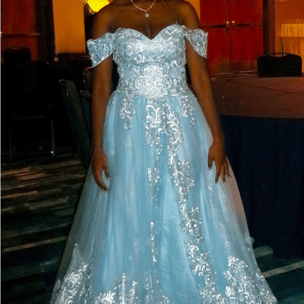 Light Blue and Silver Off-Shoulder Prom Dress, size Medium (10)